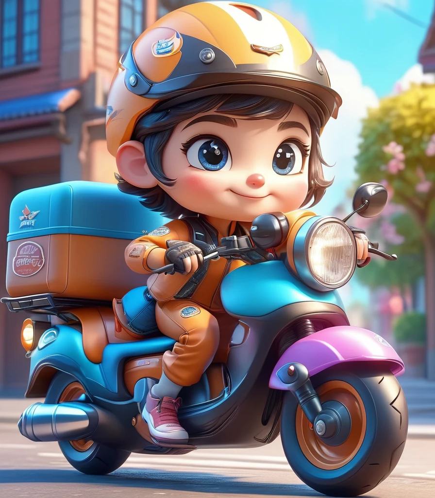 A cute cartoon delivery courier riding a motorcycle, detailed helmet, 3D rendering, vibrant colors, dynamic pose, cinematic lighting, whimsical atmosphere, masterpiece, best quality, 8k, ultra-detailed, photorealistic