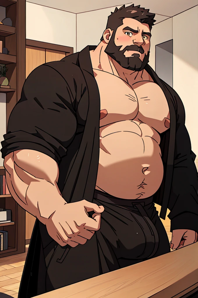 40 years old white Male, tall, giant body, handsome, dad bod, beefy, strong arms and legs, wide shoulders, a bit chubby muscle gut, a bit of fat but still very muscular, extremely hairy, a lot of body hair, short beard, wearing an untie black bathrobe with long sleeves, wearing a short black boxer brief, unrealistic oversized big bulge, barefoot, smirking, modern minimalist living room