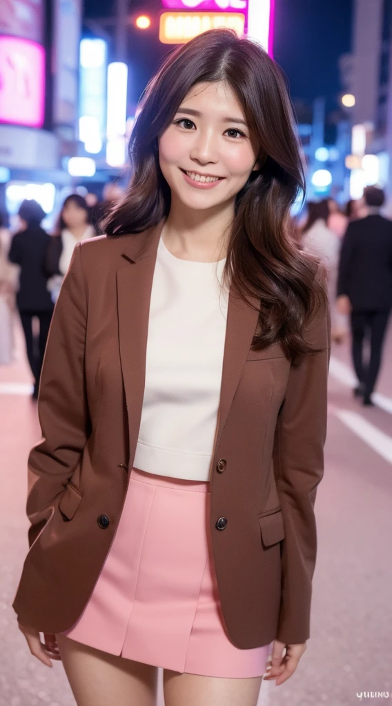 (((Yumikanok))),((Best quality, 8k, Masterpiece :1.3)), 1girl, smiling, full body, slim face, Pretty woman, (Dark brown hair), Thight pink suit,pink short tight skirt, Ultra-detailed face, Detailed eyes, Double eyelid,  bokeh background, slim face, night city, neon light,outside, tokyo street,japan