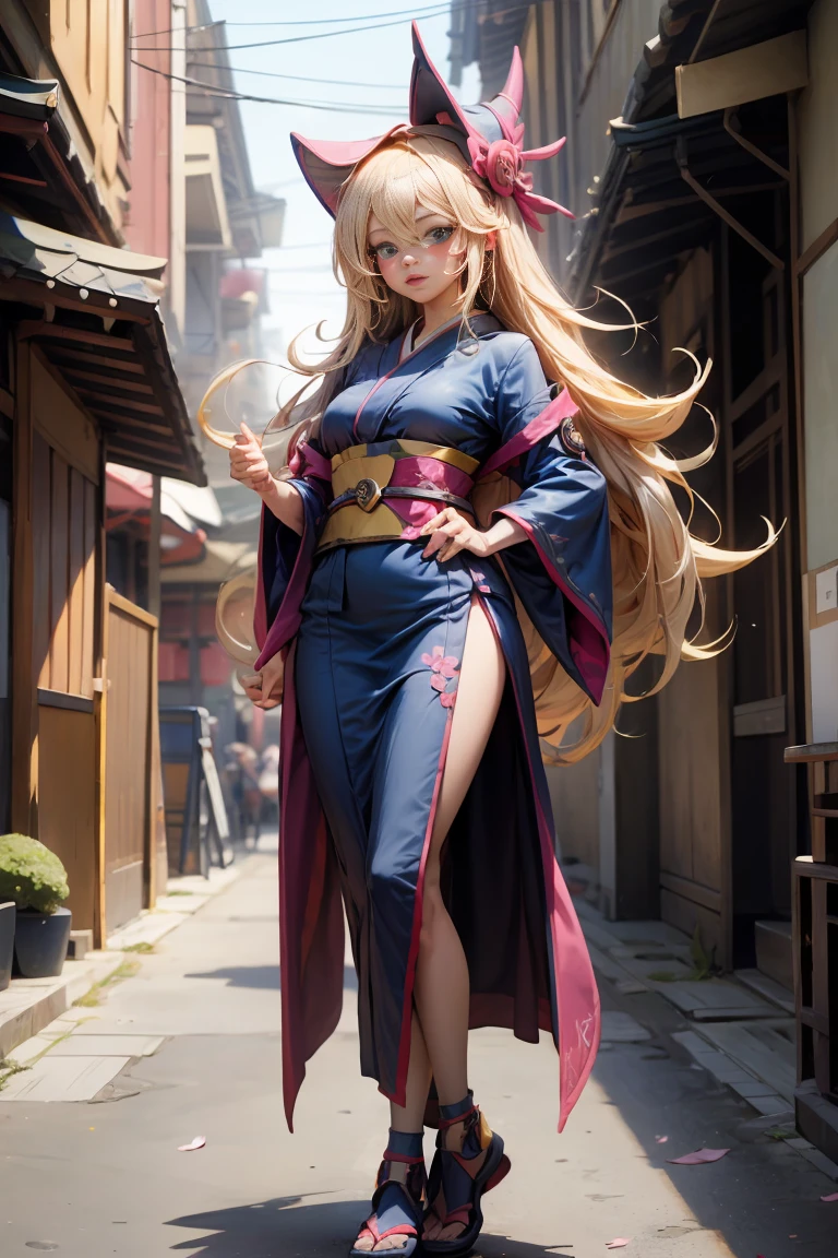 whole body,Full shot of dark magician gils in the form of a geisha with big bright blue eyes and long fluffy eyelashes of the Nordic type with a perfect elegant figure and very long fluffy wavy hair of bright blonde color is in full growth in the alley with the japanese background pink sakura blooms on a bright navy blue kimono and japanese shoes turning bright navy blue, girl'The lace kimono has an intricate design with ultra-short frank cuts......, Through the fabric you can see small breasts with protuberances and on the girl's ears are beautiful earrings with beautiful navy blue sapphires that shine and shine in the light..... The ground on which the girl stands is strewn with cherry blossoms......, The scene is very artistic.., high resolution, sharp focus, Midday art style-V5., hyperphotorealism, perfect proportions, Photo of the golden ratio.., walking stick, contour, sunlight, soft shine, soft focus, Photography-style soft focus through a Monocle lens.