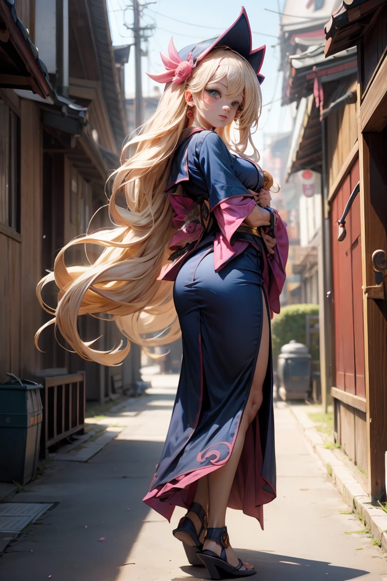 whole body,Full shot of dark magician gils in the form of a geisha with big bright blue eyes and long fluffy eyelashes of the Nordic type with a perfect elegant figure and very long fluffy wavy hair of bright blonde color is in full growth in the alley with the japanese background pink sakura blooms on a bright navy blue kimono and japanese shoes turning bright navy blue, girl'The lace kimono has an intricate design with ultra-short frank cuts......, Through the fabric you can see small breasts with protuberances and on the girl's ears are beautiful earrings with beautiful navy blue sapphires that shine and shine in the light..... The ground on which the girl stands is strewn with cherry blossoms......, The scene is very artistic.., high resolution, sharp focus, Midday art style-V5., hyperphotorealism, perfect proportions, Photo of the golden ratio.., walking stick, contour, sunlight, soft shine, soft focus, Photography-style soft focus through a Monocle lens.