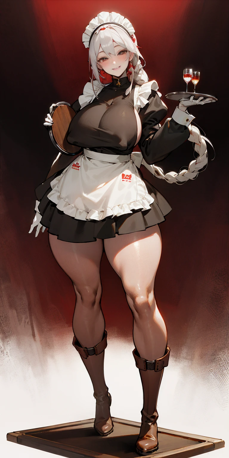 full body standing straight symmetrical, lustful smirking smile face red blush red cheeks, looking at viewer, holding tray, braid, maid headdress, maid, dress, apron, long sleeves, brown pantyhose, long leather militar boots, thighs, long white hair, masterpiece