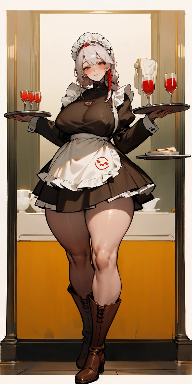 full body standing straight symmetrical, lustful smirking smile face red blush red cheeks, looking at viewer, holding tray, braid, maid headdress, maid, dress, apron, long sleeves, brown pantyhose, long leather militar boots, thighs, long white hair, masterpiece