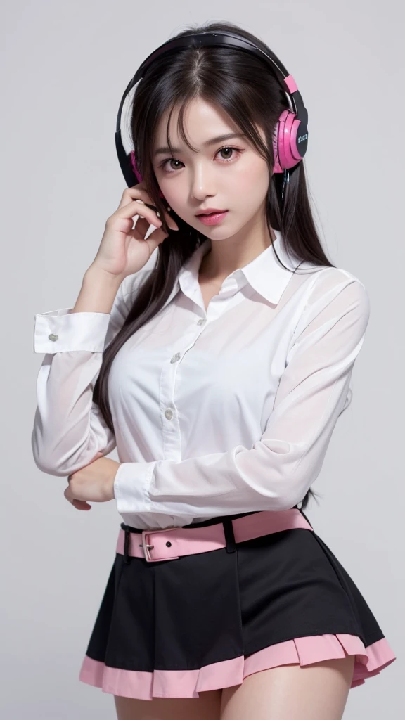 (((forehead、Northern Europe、White people、beautiful girl、Black Hair、White background、Pink wireless headphones、Listening to music、high school girl、Dress shirt、mini skirt)))、table top, highest quality, figure, super detailed, finely, High resolution, 8k wallpaper, Perfect dynamic composition, detailed and beautiful eyes, Deco out,bionde,  Natural color lip,white background, random cute poses,