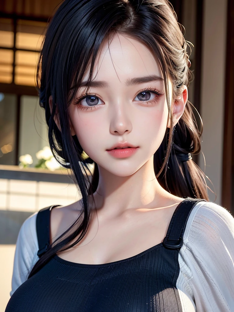 Highest quality、8K Masterpiece、Ultra-high resolution、(Photorealistic:1.3)、RAW Photos、One Girl,Very cute girl at ,Big eyes,The face is facing straight ahead,Body facing forward,Beautiful nose,Fuller lips,Short black hair,ponytail,Detailed eyelashes,Thin eyebrows,Symmetrical eyes,Future City、Soldier、war、Cyber City、