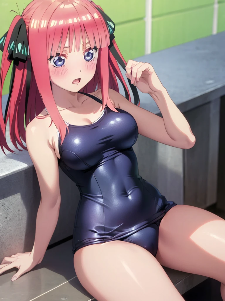 best quality, insanely detailed, nino nakano, breasts, one-piece swimsuit, blush,