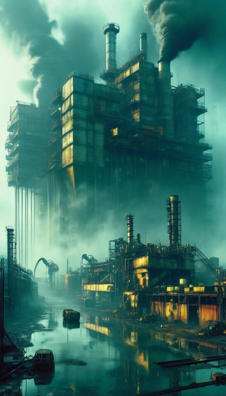 a polluted futuristic city, massive industrial factories belching smoke, abandoned robotic machinery, toxic polluted waters, hazy polluted sky with ominous colors, (best quality,4k,8k,highres,masterpiece:1.2),ultra-detailed,(realistic,photorealistic,photo-realistic:1.37),oil painting,concept art,moody dramatic lighting,dystopian,dark and gritty,brooding atmosphere,Bill Sienkiewicz inspired