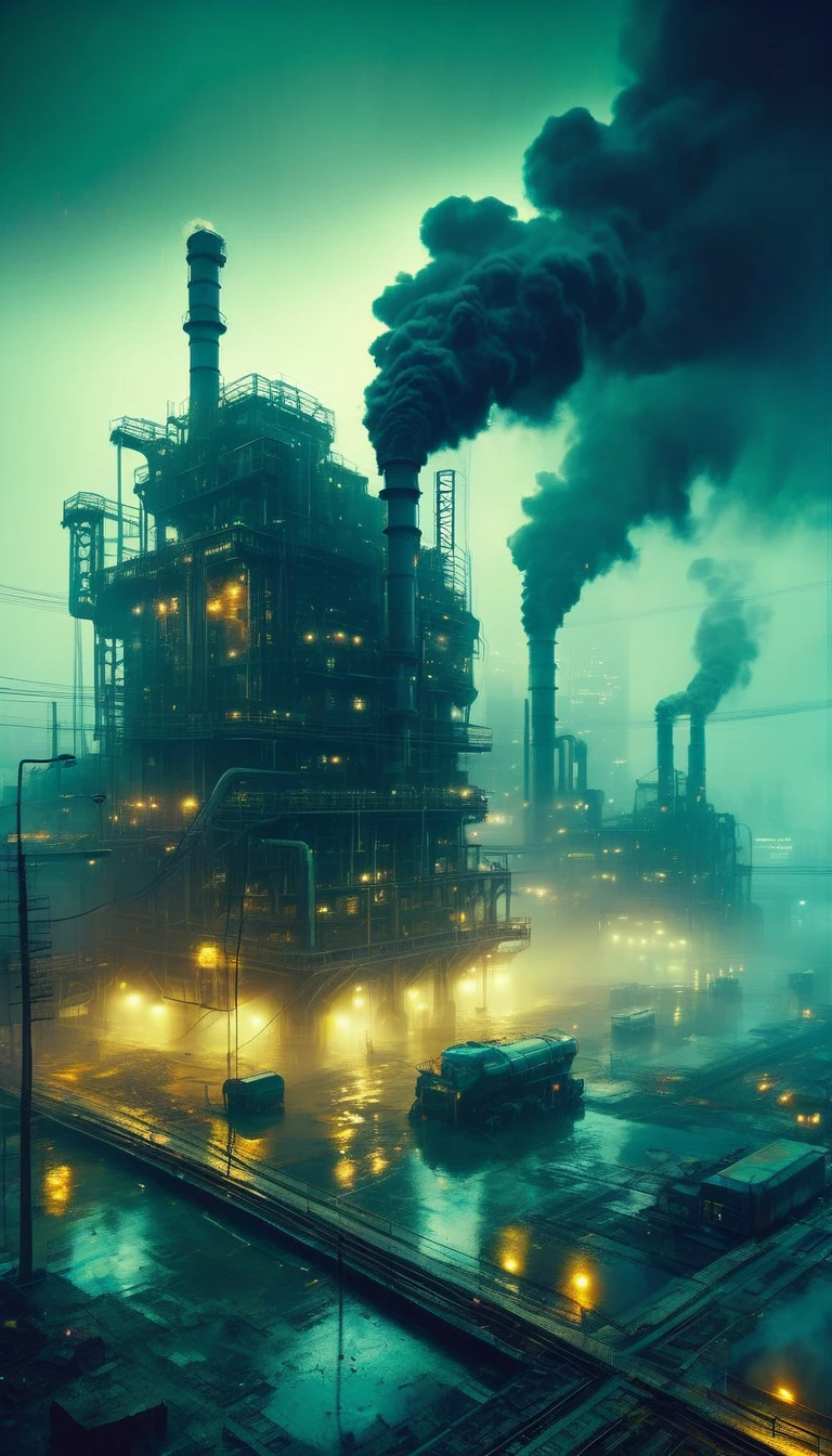 a polluted futuristic city, massive industrial factories belching smoke, abandoned robotic machinery, toxic polluted waters, hazy polluted sky with ominous colors, (best quality,4k,8k,highres,masterpiece:1.2),ultra-detailed,(realistic,photorealistic,photo-realistic:1.37),oil painting,concept art,moody dramatic lighting,dystopian,dark and gritty,brooding atmosphere,Bill Sienkiewicz inspired