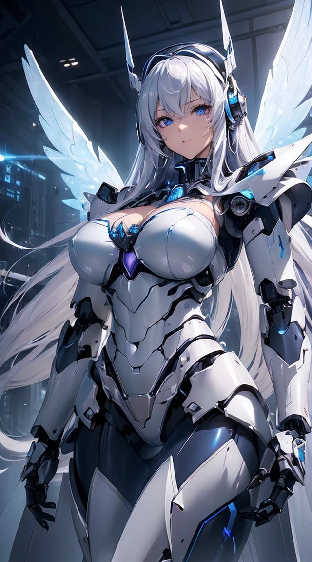 ((Intense action pose:1.6))、((Shining lenses on both breasts:1.3))、((Blue pillars of light are emanating from both chests.:1.3))、smile、((8K)), ((32k)), ((Highest quality)), ((masterpiece)), ((超A high resolution)), ((Tmasterpiece)), ((Halation:1.4))、((Mechaニカルheadgear:1.2))、((Cyber Headphones:1.3))、Fine skin, High quality fabric, Fine metal texture、((Beautiful and dense face))、RAW Photos、Professional, Ultra-fine painting, ((alone)), Beautiful breasts、Highest quality, Very detailed, Very detailed詳細, Finer details, so beautiful, ((Princess Knight Robot:1.2)),  (Joints of machines, Mechanical Limbs:1.3), (The internal structure of the machine is exposed:1.3), (Long silver hair:1.1), (Beautiful and huge mechanical breasts)、White Veil, cowboy_shot, Side Focus, headgear, Shiny、(Five Fingers, Four fingers and thumb),Concept Art, Anime fantasy artwork, Detailed fantasy art, (with pale blue-violet hair and large white wings,,,,,,,), (((Long silver hair))), (Mecha:1.6)、Sleek and intimidating design, ((Commander-in-Chief&#39;arm)), (Perfect robot body)、純白と青紫armまたは, Symmetrical wings, 8K high quality, detailed art, 3D rendering of character art in 8K, neat legs, Defined, Defined fingers,