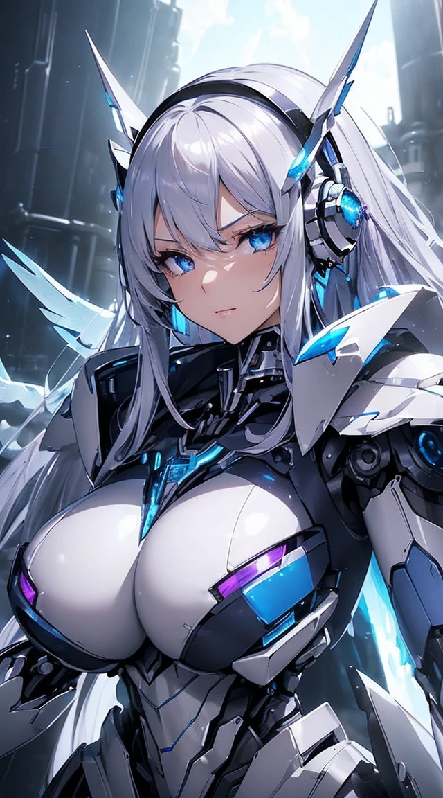 ((Intense action pose:1.6))、((Shining lenses on both breasts:1.3))、((Blue pillars of light are emanating from both chests.:1.3))、smile、((8K)), ((32k)), ((Highest quality)), ((masterpiece)), ((超A high resolution)), ((Tmasterpiece)), ((Halation:1.4))、((Mechaニカルheadgear:1.2))、((Cyber Headphones:1.3))、Fine skin, High quality fabric, Fine metal texture、((Beautiful and dense face))、RAW Photos、Professional, Ultra-fine painting, ((alone)), Beautiful breasts、Highest quality, Very detailed, Very detailed詳細, Finer details, so beautiful, ((Princess Knight Robot:1.2)),  (Joints of machines, Mechanical Limbs:1.3), (The internal structure of the machine is exposed:1.3), (Long silver hair:1.1), (Beautiful and huge mechanical breasts)、White Veil, cowboy_shot, Side Focus, headgear, Shiny、(Five Fingers, Four fingers and thumb),Concept Art, Anime fantasy artwork, Detailed fantasy art, (with pale blue-violet hair and large white wings,,,,,,,), (((Long silver hair))), (Mecha:1.6)、Sleek and intimidating design, ((Commander-in-Chief&#39;arm)), (Perfect robot body)、純白と青紫armまたは, Symmetrical wings, 8K high quality, detailed art, 3D rendering of character art in 8K, neat legs, Defined, Defined fingers,