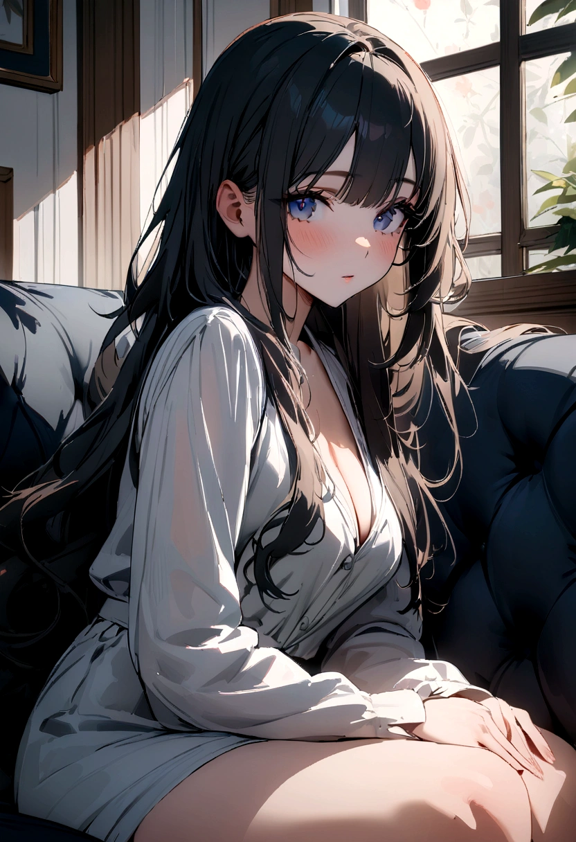 best quality, highres, 8k, masterpiece, a beautiful girl, 24 year old, long hair, delicate features, sit on the sofa indoor