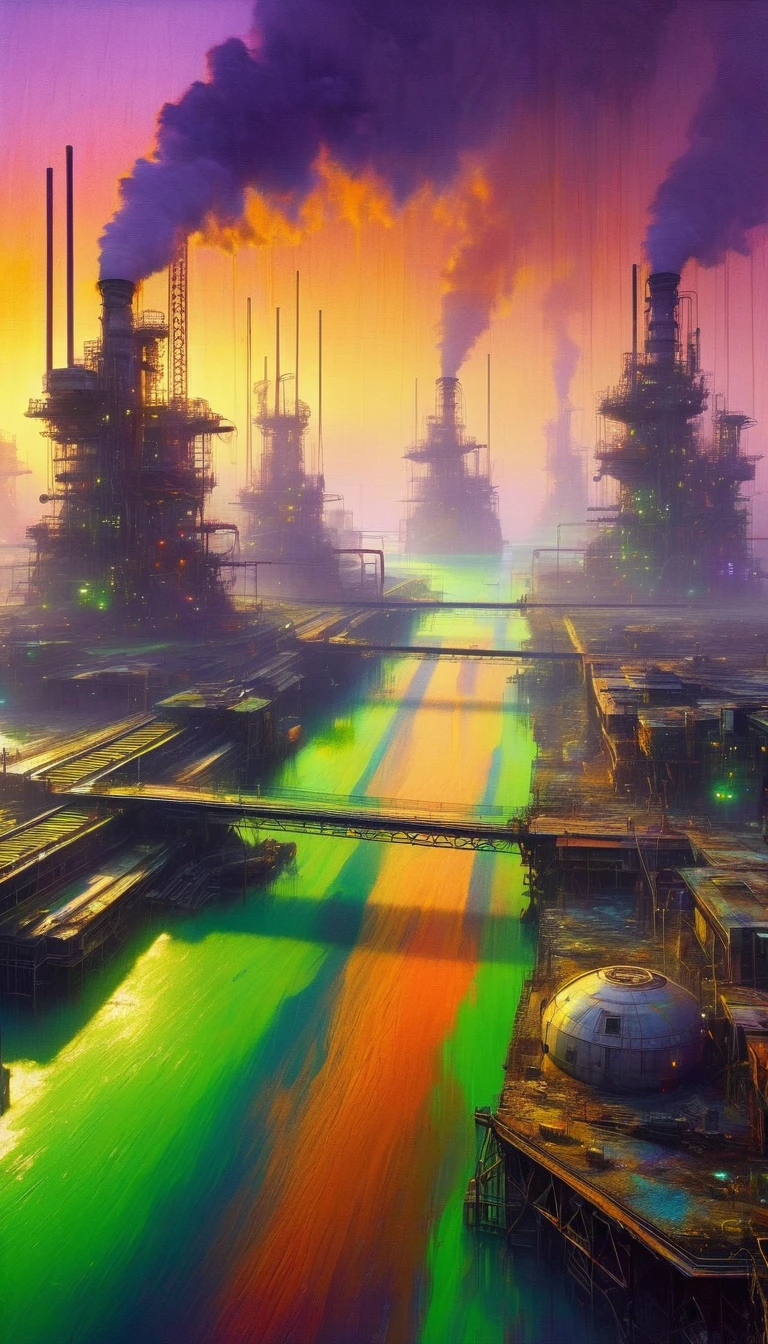 a polluted futuristic industrial landscape, large robotic structures, dilapidated buildings, toxic green rivers, hazy purple and orange sky, grim atmosphere, oil painting, art inspired by Bill Sienkiewicz, hyper-detailed, photorealistic, 8k, (best quality,4k,8k,highres,masterpiece:1.2),ultra-detailed,(realistic,photorealistic,photo-realistic:1.37),HDR,UHD,studio lighting,ultra-fine painting,sharp focus,physically-based rendering,extreme detail description,professional,vivid colors,bokeh
