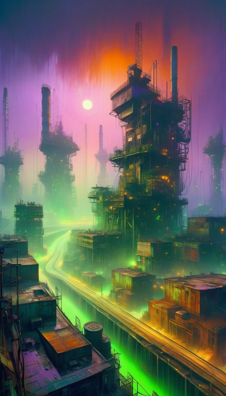 a polluted futuristic industrial landscape, large robotic structures, dilapidated buildings, toxic green rivers, hazy purple and orange sky, grim atmosphere, oil painting, art inspired by Bill Sienkiewicz, hyper-detailed, photorealistic, 8k, (best quality,4k,8k,highres,masterpiece:1.2),ultra-detailed,(realistic,photorealistic,photo-realistic:1.37),HDR,UHD,studio lighting,ultra-fine painting,sharp focus,physically-based rendering,extreme detail description,professional,vivid colors,bokeh