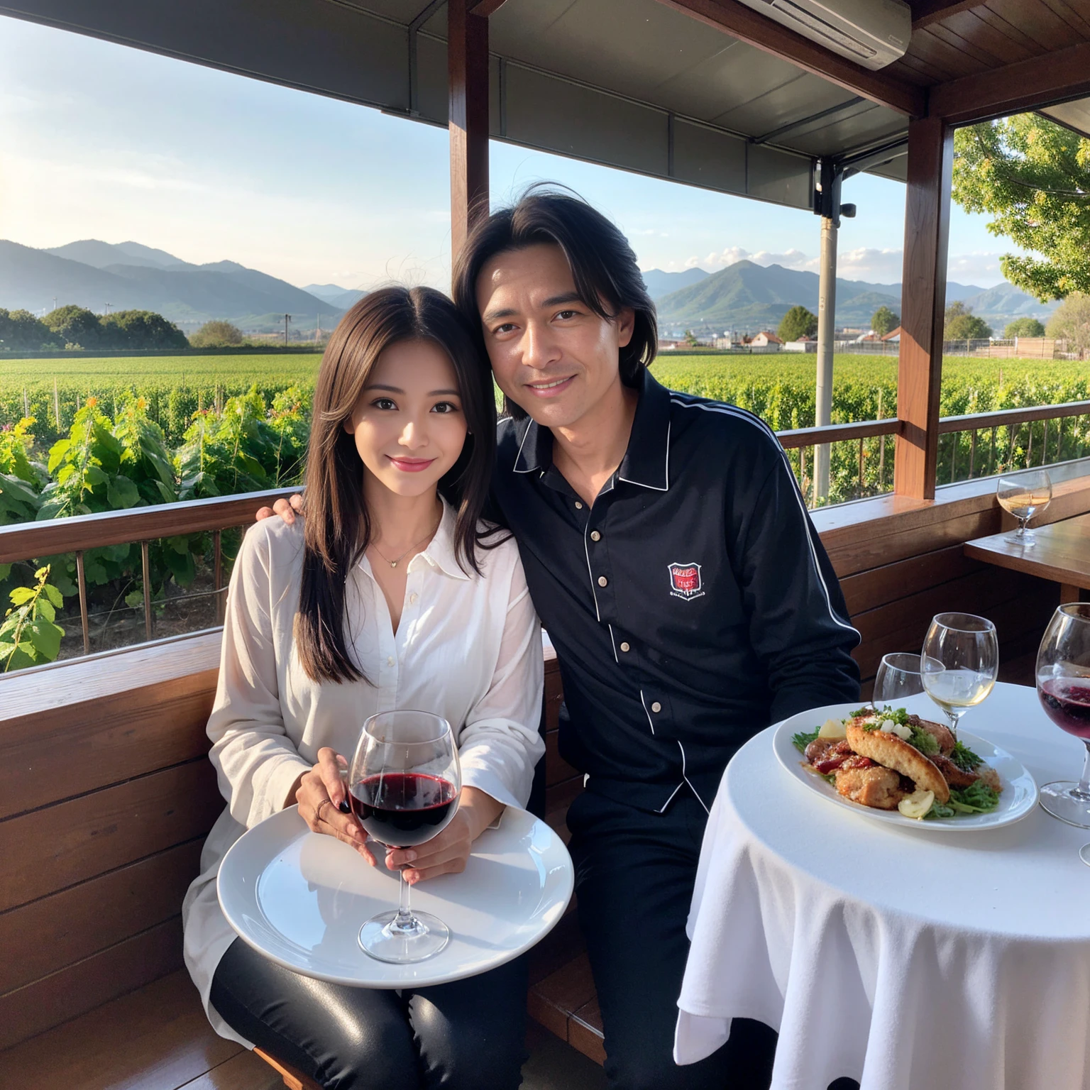 ((Highest quality、、masterpiece:1.3))、1 male、1 female、spouse、Beautiful couple、Japanese couple、smile、 (Slim face), (the body is ス??), (Brown Hair), (Shortcuts), ((Bob Hale、Straight hair:1.2)), テーブルの上のwine glass、Please shine a light on my face、 Amazing view of the sunset sky and clouds、Amazing mountain views、smileの美しさ、Bright imYear、Blushing, Shortcuts,Bright Face、 Year), 39 Year, red wine 、Appetizers、Italian food、Wine bottle、Champagne、sparkling wine、Long sleeve shirt、dress、Attractive beauty、restaurant, Nova Frog Style, actress, model, Upper Body, White wine, red wine, wine glass,