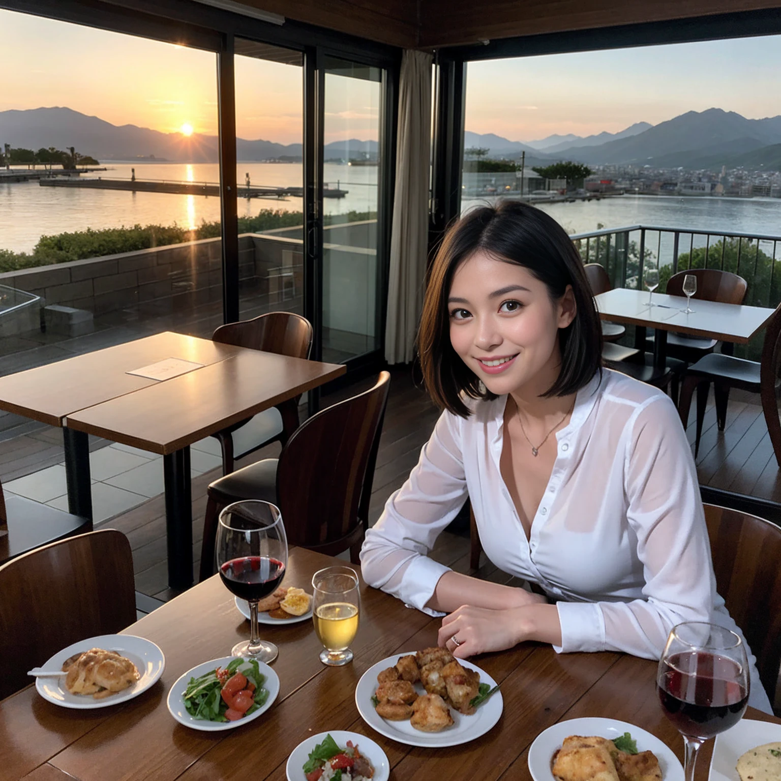 ((Highest quality、、masterpiece:1.3))、1 male、1 female、spouse、Beautiful couple、Japanese couple、smile、 (Slim face), (the body is スリム), (Brown Hair), (Shortcuts), ((Bob Hale、Straight hair:1.2)), テーブルの上のwine glass、Please shine a light on my face、 Amazing view of the sunset sky and clouds、Amazing mountain views、smileの美しさ、Bright imYear、Blushing, Shortcuts,Bright Face、 Year), 39 Year, red wine 、Appetizers、Italian food、Wine bottle、Champagne、sparkling wine、Long sleeve shirt、dress、Attractive beauty、restaurant, Nova Frog Style, actress, model, Upper Body, White wine, red wine, wine glass,