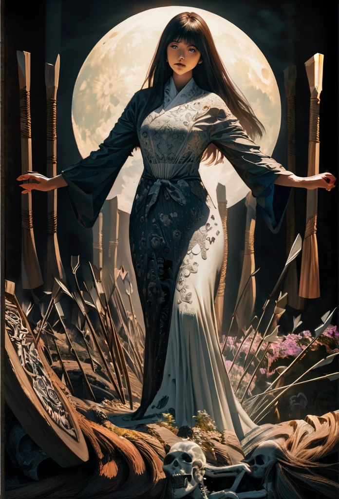 (masterpiece:1.2, Highest quality), Japanese line drawing , A samurai( Tied to a wooden steak、There are many arrows stuck in it,:1.2) The skeletal structure of the lower body cannot be seen , Torn rag, Rope and bloody ground, Black sky and big moon , Floral Damask Background , Takato Yamamoto style、masterpiece,Highest quality,Absurd,Attention to detail,8K,Realistic,get away far from,Cowboy Shot,One girl,Great body,Long Hair,compensate,Outstretched arms,Full body frontal photo,Symmetric的なポーズ,Necromancer,Bone ornament,Cemetery,A skeleton comes out of the ground,Living things,Ancient,dark,evil,Complex, elegant, Very detailed, Symmetric, Magical atmosphere, Sharp focus, Majestic, extremely coherent, Shine, Advanced, Cinematic, Artistic, The finer details, victory, beautiful, amazing, Dramatic Light, design, Rich and deep colors, A perfect professional background, Surroundings, Customized Set Configuration Art Style: Fluid Picasso style. Farbe: Vibrant and dynamic, 写真のように大胆で対照的なFarbeを使用する: Emphasizing abstract shapes and flowing lines、Capture the essence of her features. feeling: Artistic and expressive, With a surreal and imaginative touch. background: Complementing the Picasso style, May contain abstract elements and patterns. Note: The final image is、It should be a unique and artistic reinterpretation of her portrait.。, Reminiscent of Picasso's distinctive abstract painting style.