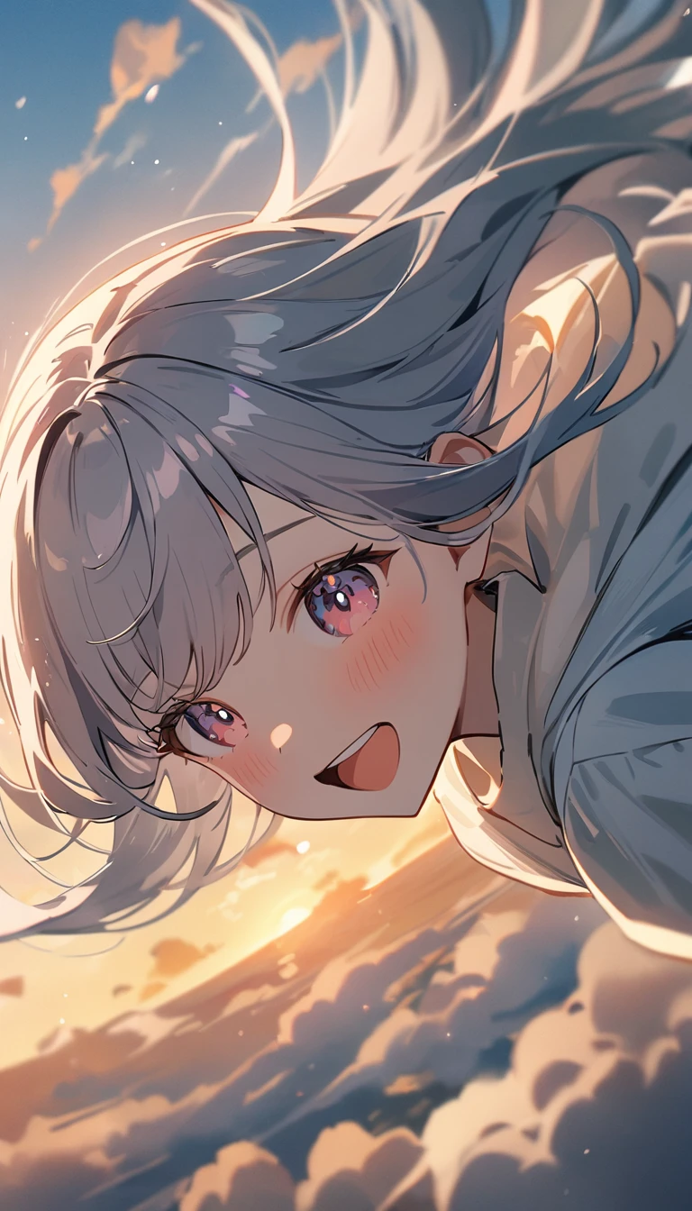 masterpiece, Highest quality, Movie stills, 1 Girl, Cloud Girl, Floating in the sky, close, bright, Happy, Warm and soft lighting, sunset, (spark:0.7)