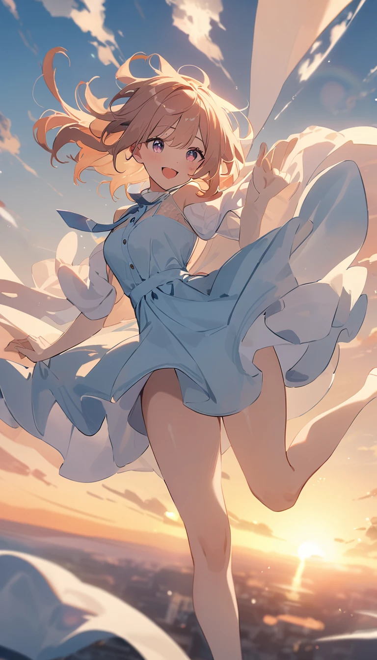 masterpiece, Highest quality, Movie stills, 1 Girl, Cloud Girl, Floating in the sky, close, bright, Happy, Warm and soft lighting, sunset, (spark:0.7)