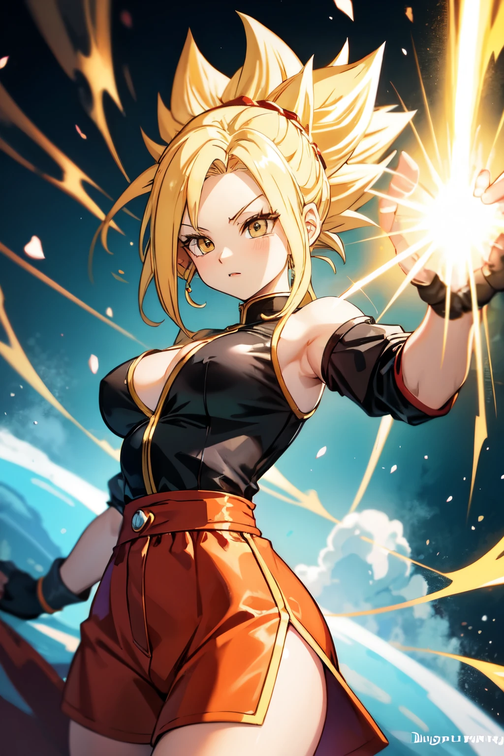 ((best quality)), ((artwork)), (detailded), 1 Saiyan girl in black Dragon Ball Z style clothing transforming into a super Saiyan 