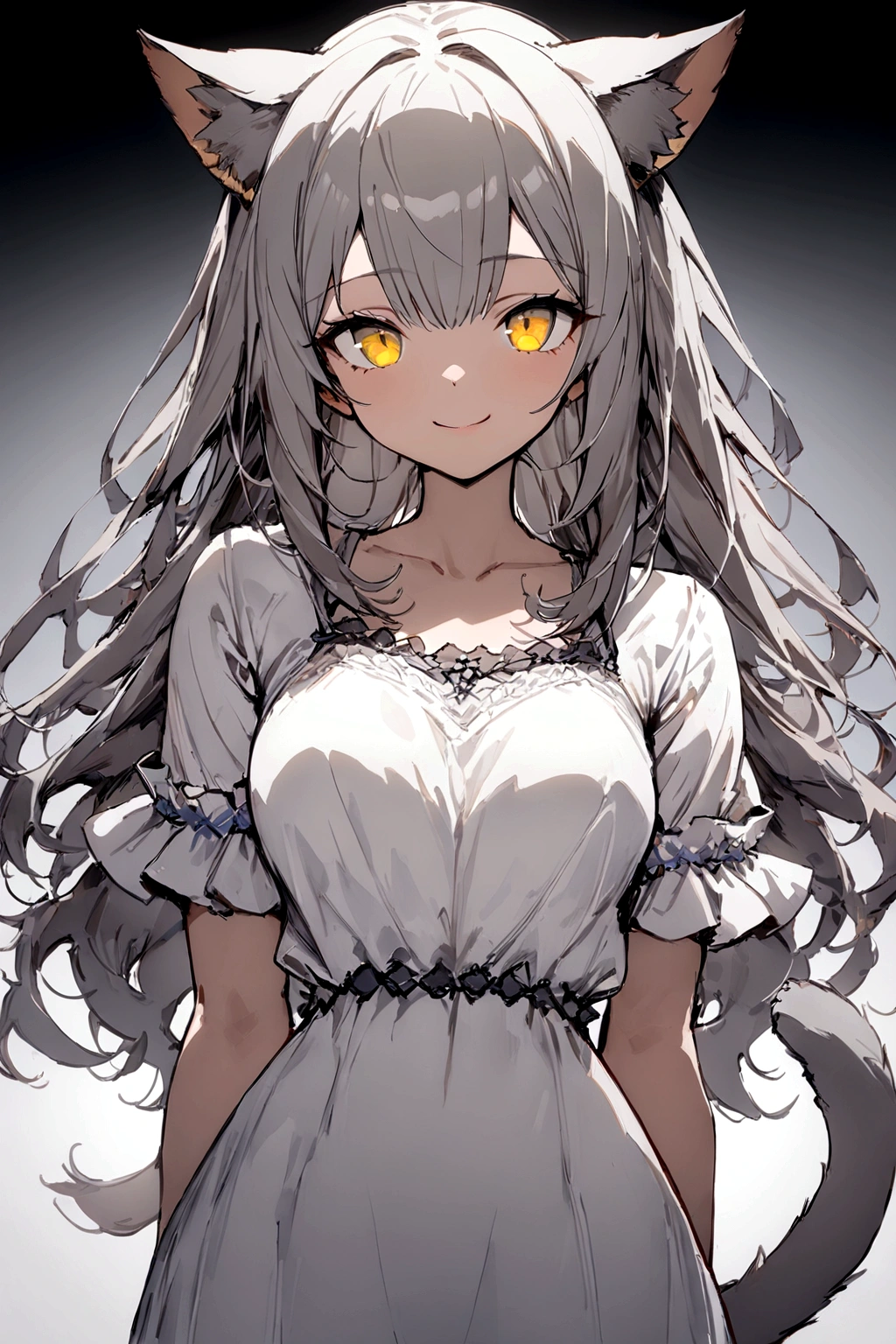 ((masterpiece)), ((best quality)), (from front, facing front:1.1), (close-up:1.2), (half-body shot:1.36), perfect anatomy, 1girl, solo, adult cat girl, long gray straight hair, yellow round eyes, gray cat ears, gray fluffy cat tail, basic short-sleeved loose white dress, smiling, looking at viewers