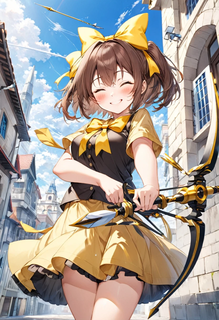 1 girl, alone, broad, blush, SMILE, Brown hair, bow, two tails, Closed eyes, weapon, short sleeves, hair bow, sky, day, blue sky, building, in front of the viewer, yellow bow, bow (weapon), ARROW (projectile)