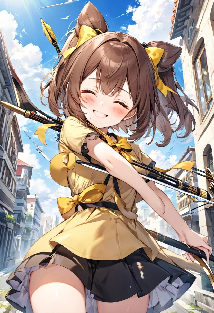 1 girl, alone, broad, blush, SMILE, Brown hair, bow, two tails, Closed eyes, weapon, short sleeves, hair bow, sky, day, blue sky, building, in front of the viewer, yellow bow, bow (weapon), ARROW (projectile)