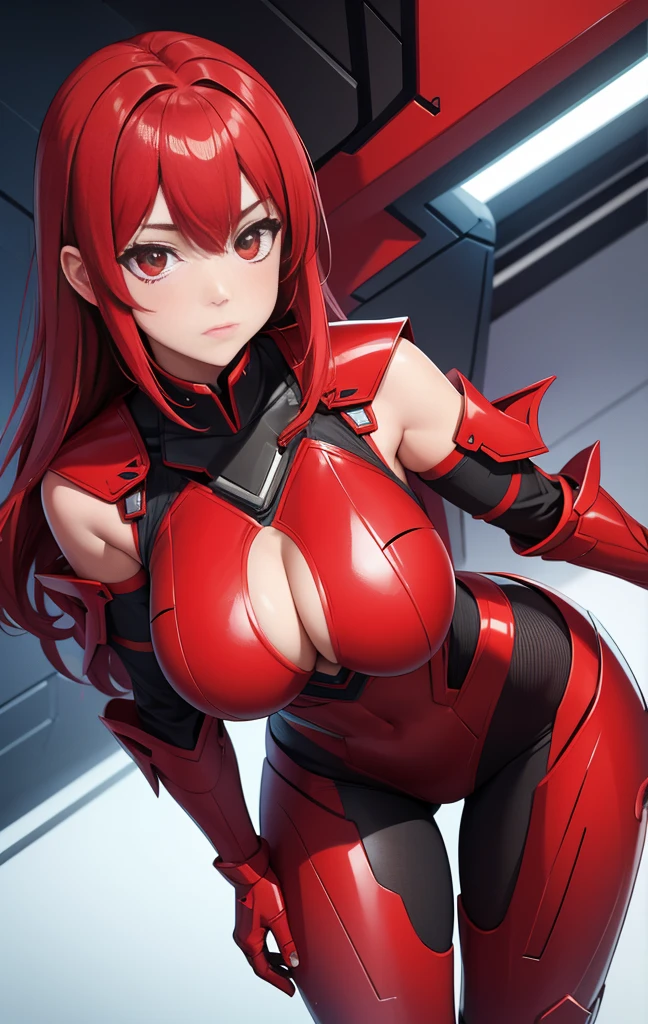girl, With big breasts, with futuristic red armor, red eyes, by white.