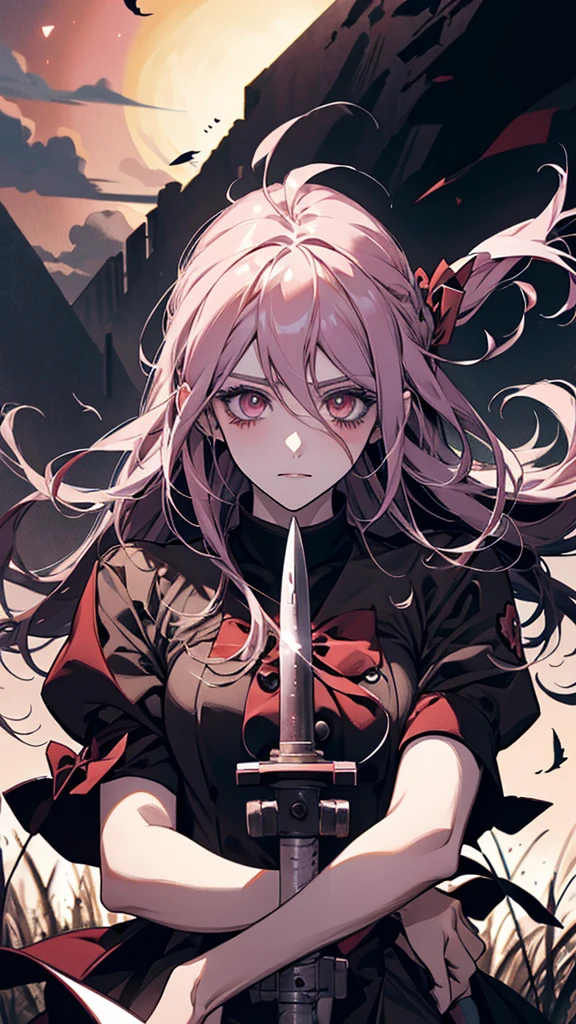 Close-up of a person holding a bloody axe in a field, Yandere. expensive, gapmoe Yandere grimdark, Yandere, gapmoe Yandere, Danganronpa digital art, Kantai Collection Style, portrait gapmoe Yandere grimdark, Fate-like anime style/Stay Night, Yandere intricate, Inspired by Honojin