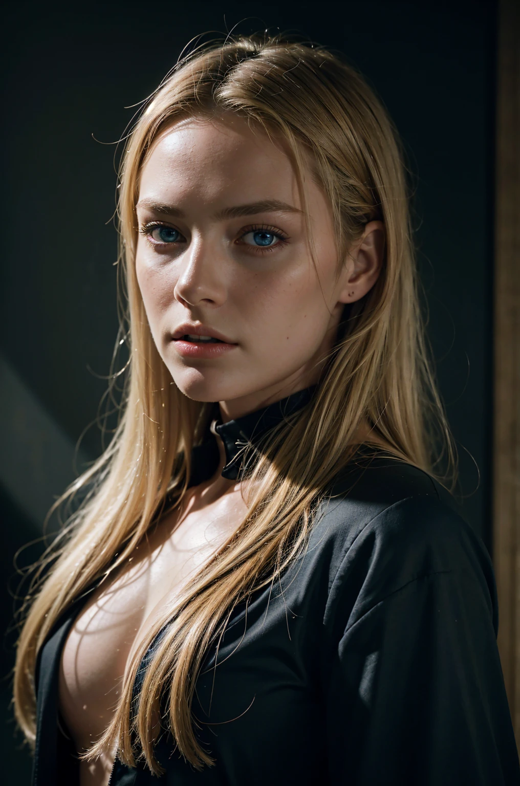 Best quality, masterpiece, ultra high res, (photorealistic:1.4), raw photo, 1girl, blonde hair, blue eyes, detailed eyes and face, black suit, dynamic lighting, in the dark, deep shadow, low key, cowboy shot full-lenght body
