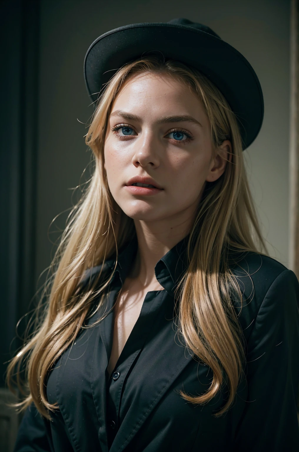 Best quality, masterpiece, ultra high res, (photorealistic:1.4), raw photo, 1girl, blonde hair, blue eyes,  detailed eyes and face, black suit, dynamic lighting, in the dark, deep shadow, low key, cowboy shot full-lenght body