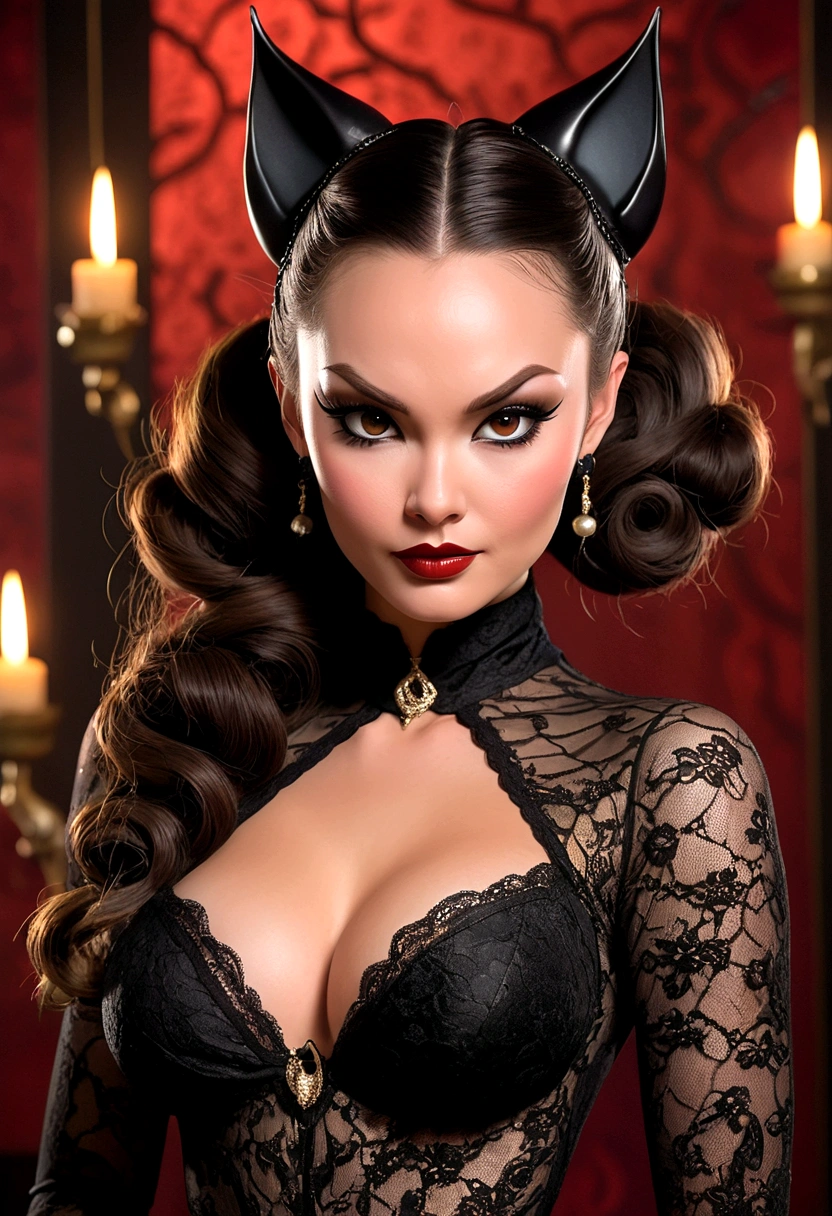 Tori Black asian catwoman, ringlets wavy five feet long black hair, updo hairstyle with ponytail on one side and long hairpins holding the bun, dark red glossy lips, heavy black eye shadow long black eyeliner, long sharp claws, black lace beautiful and creative catwoman bodysuit, huge cleavage, clear ears no earrings, no jewels, beautiful forehead lace ornament, posing in a feminine catwoman den, happy expression, dark ambience night time candle lights. No faces on her chest!