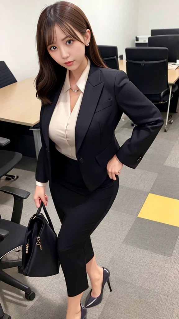 realisitic、Curvaceous woman standing alone, Woman in black business suit, with a business suit on, businesswoman, Woman in business suit, Wearing a white collar shirt under a suit、business skirt、tight skirts、Girl in a suit, female in office dress, , Girl in suit, young business woman, in a business suit, business outfit, Wear a suit、Office Suits、Not wearing glasses、professional photograpy、Does not expose the skin, Japanese Models,、,The skin is not exposed、fleshy body, large boob、 hard 、、big butts、Big belly、thick waist、Body without tone、thick thight、thick arms、Round face、Fat face、chubby cheeks、Sauce order、big eye、A dark-haired、short-haired、Standing facing the front、Sun background、