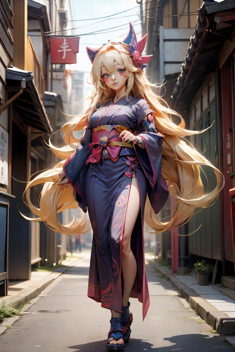 whole body,Full shot of dark magician gils in the form of a geisha with big bright blue eyes and long fluffy eyelashes of the Nordic type with a perfect elegant figure and very long fluffy wavy hair of bright blonde color is in full growth in the alley with the japanese background pink sakura blooms on a bright navy blue kimono and japanese shoes turning bright navy blue, girl'The lace kimono has an intricate design with ultra-short frank cuts......, Through the fabric you can see small breasts with protuberances and on the girl's ears are beautiful earrings with beautiful navy blue sapphires that shine and shine in the light..... The ground on which the girl stands is strewn with cherry blossoms......, The scene is very artistic.., high resolution, sharp focus, Midday art style-V5., hyperphotorealism, perfect proportions, Photo of the golden ratio.., walking stick, contour, sunlight, soft shine, soft focus, Photography-style soft focus through a Monocle lens.
