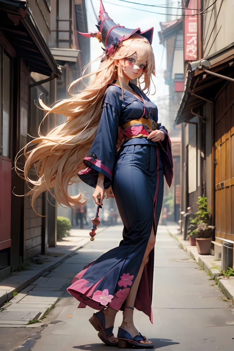 whole body,Full shot of dark magician gils in the form of a geisha with big bright blue eyes and long fluffy eyelashes of the Nordic type with a perfect elegant figure and very long fluffy wavy hair of bright blonde color is in full growth in the alley with the japanese background pink sakura blooms on a bright navy blue kimono and japanese shoes turning bright navy blue, girl&#39;The lace kimono has an intricate design with ultra-short frank cuts......, Through the fabric you can see small breasts with protuberances and on the girl&#39;s ears are beautiful earrings with beautiful navy blue sapphires that shine and shine in the light..... The ground on which the girl stands is strewn with cherry blossoms......, The scene is very artistic.., high resolution, sharp focus, Midday art style-V5., hyperphotorealism, perfect proportions, Photo of the golden ratio.., walking stick, contour, sunlight, soft shine, soft focus, Photography-style soft focus through a Monocle lens.