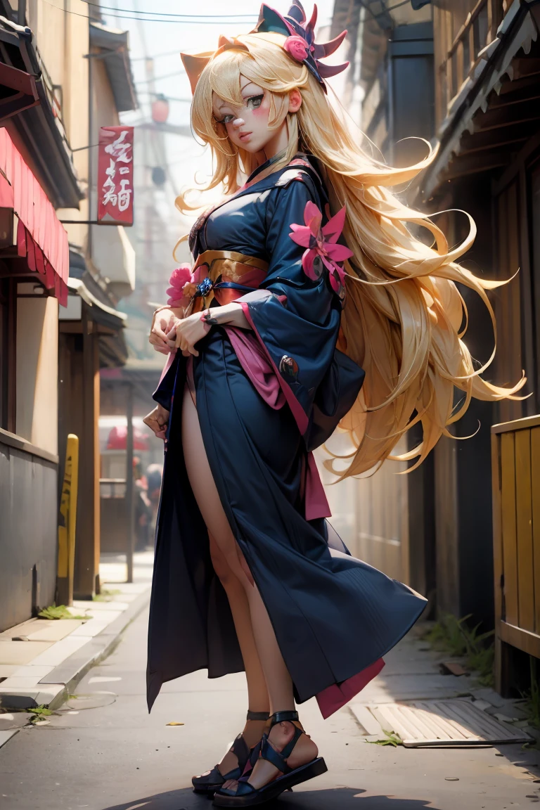 whole body,Full shot of dark magician gils in the form of a geisha with big bright blue eyes and long fluffy eyelashes of the Nordic type with a perfect elegant figure and very long fluffy wavy hair of bright blonde color is in full growth in the alley with the japanese background pink sakura blooms on a bright navy blue kimono and japanese shoes turning bright navy blue, girl&#39;The lace kimono has an intricate design with ultra-short frank cuts......, Through the fabric you can see small breasts with protuberances and on the girl&#39;s ears are beautiful earrings with beautiful navy blue sapphires that shine and shine in the light..... The ground on which the girl stands is strewn with cherry blossoms......, The scene is very artistic.., high resolution, sharp focus, Midday art style-V5., hyperphotorealism, perfect proportions, Photo of the golden ratio.., walking stick, contour, sunlight, soft shine, soft focus, Photography-style soft focus through a Monocle lens.