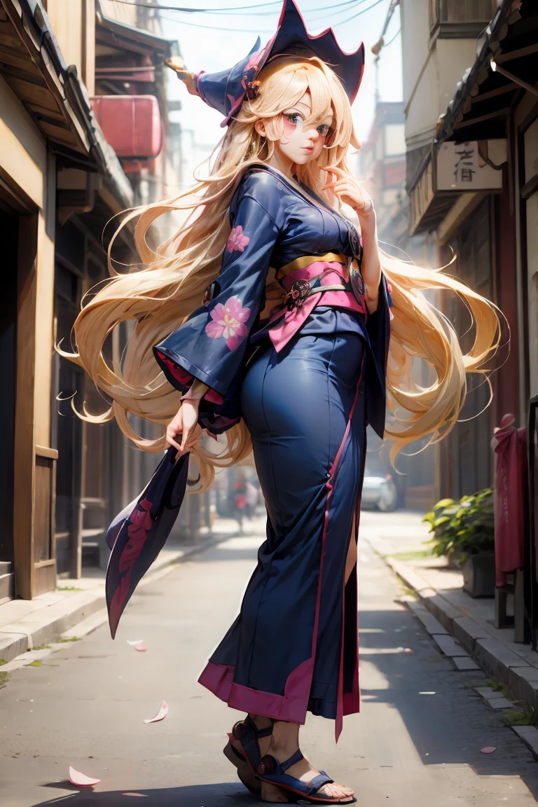 whole body,Full shot of dark magician gils in the form of a geisha with big bright blue eyes and long fluffy eyelashes of the Nordic type with a perfect elegant figure and very long fluffy wavy hair of bright blonde color is in full growth in the alley with the japanese background pink sakura blooms on a bright navy blue kimono and japanese shoes turning bright navy blue, girl'The lace kimono has an intricate design with ultra-short frank cuts......, Through the fabric you can see small breasts with protuberances and on the girl's ears are beautiful earrings with beautiful navy blue sapphires that shine and shine in the light..... The ground on which the girl stands is strewn with cherry blossoms......, The scene is very artistic.., high resolution, sharp focus, Midday art style-V5., hyperphotorealism, perfect proportions, Photo of the golden ratio.., walking stick, contour, sunlight, soft shine, soft focus, Photography-style soft focus through a Monocle lens.