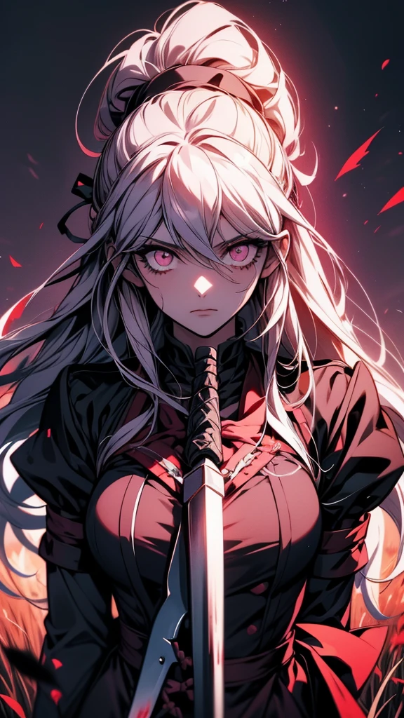 Close-up of a person holding a bloody axe in a field, Yandere. expensive, gapmoe Yandere grimdark, Yandere, gapmoe Yandere, Danganronpa digital art, Kantai Collection Style, portrait gapmoe Yandere grimdark, Fate-like anime style/Stay Night, Yandere intricate, Inspired by Honojin