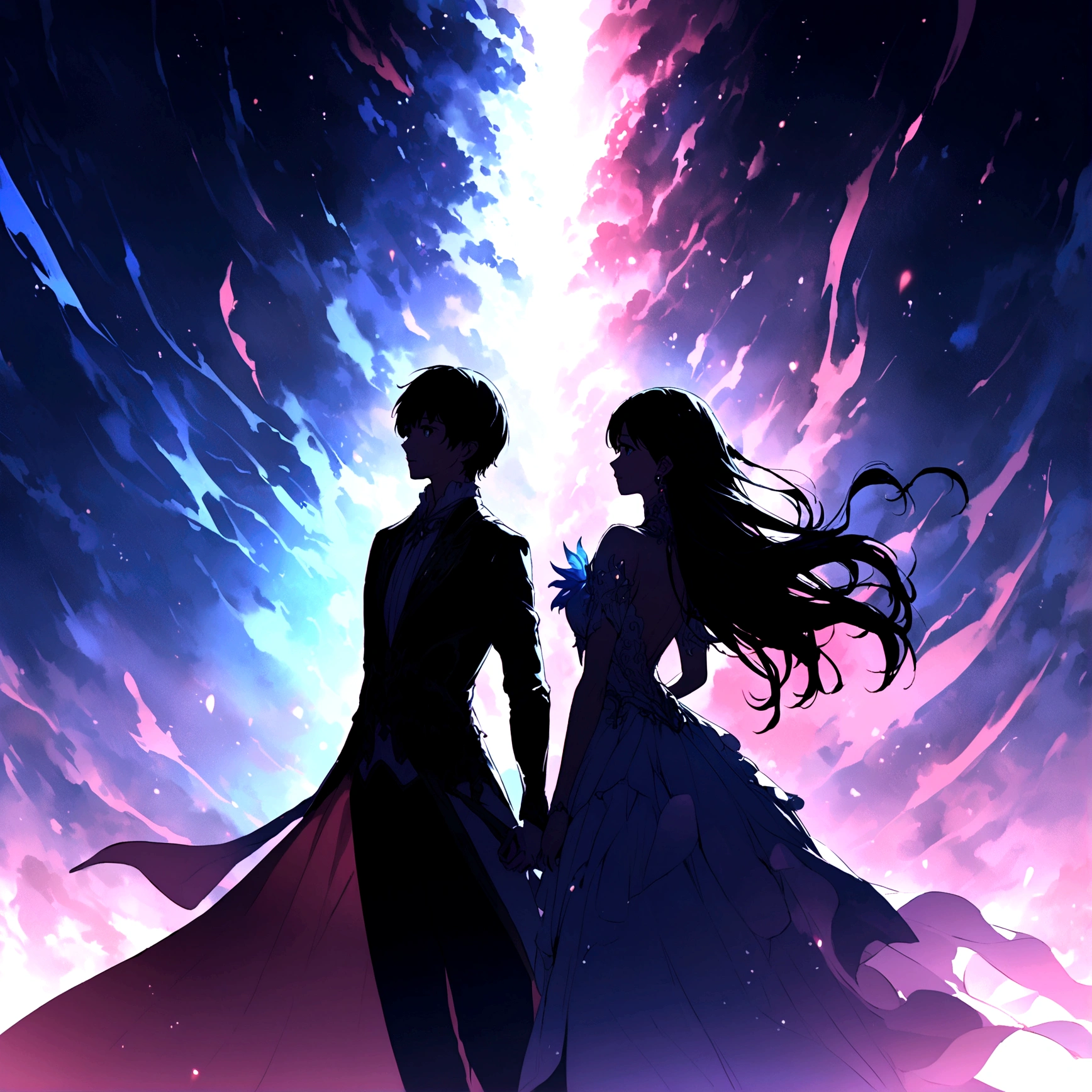 Back to back men and women silhouette Passing each other Instant Love Sea and Sky Fantasy night and day