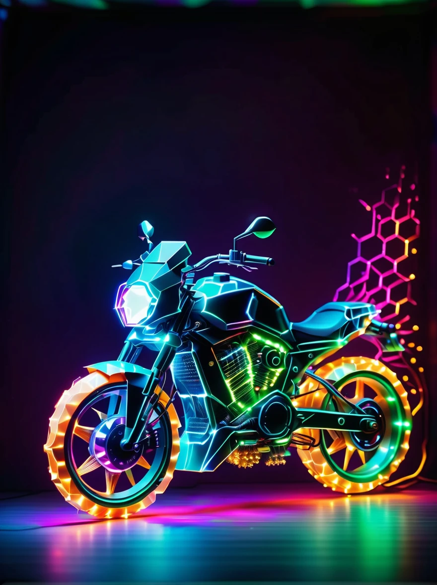 Vibrant colorful photo of low poly plasma electric neon Kirlian effect，Rendering network node visualization，Shaped like a cool motorcycle (Dissolved into circuit pixels:1.3), Sound waves propagate outward in a sinusoidal audio waveform, Detailed aura captured on film