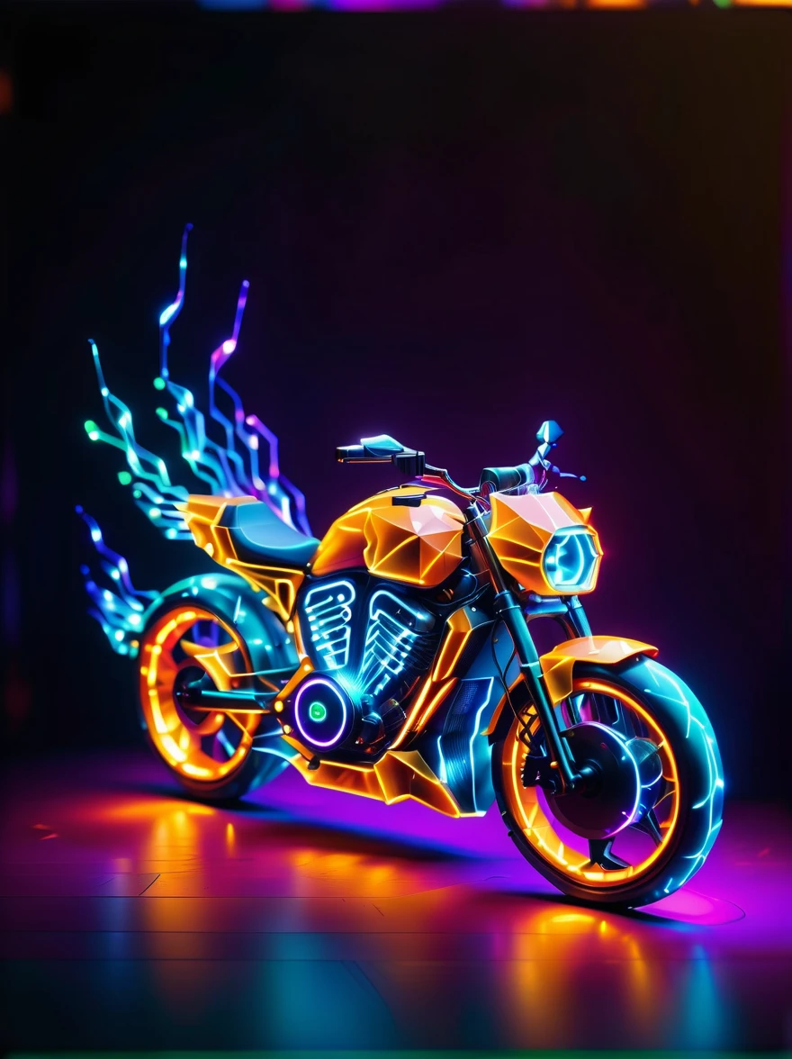 Vibrant colorful photo of low poly plasma electric neon Kirlian effect，Rendering network node visualization，Shaped like a cool motorcycle (Dissolved into circuit pixels:1.3), Sound waves propagate outward in a sinusoidal audio waveform, Detailed aura captured on film