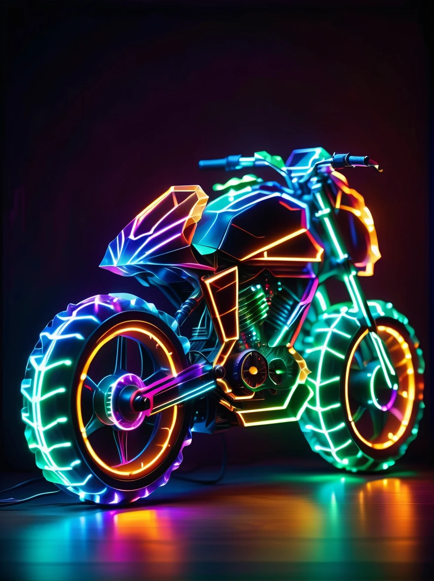 Vibrant colorful photo of low poly plasma electric neon Kirlian effect，Rendering network node visualization，Shaped like a cool motorcycle (Dissolved into circuit pixels:1.3), Sound waves propagate outward in a sinusoidal audio waveform, Detailed aura captured on film