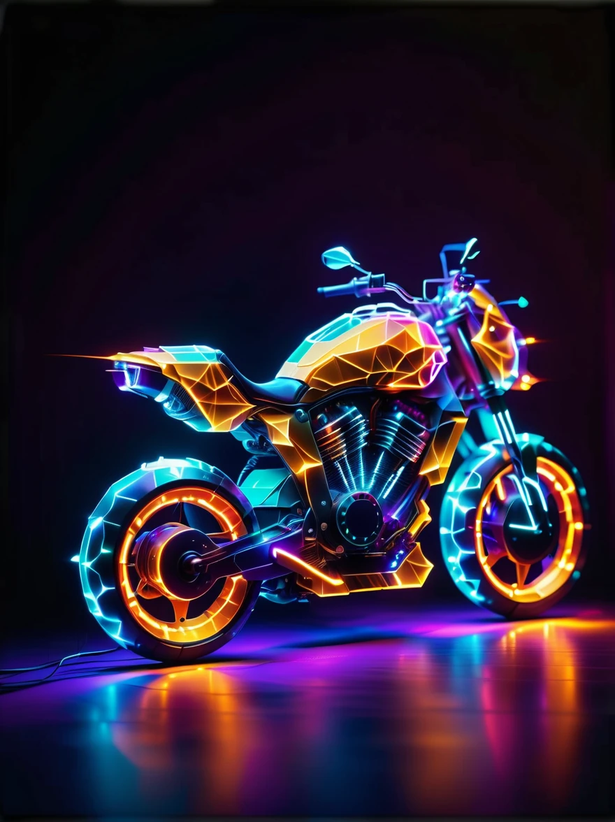 Vibrant colorful photo of low poly plasma electric neon Kirlian effect，Rendering network node visualization，Shaped like a cool motorcycle (Dissolved into circuit pixels:1.3), Sound waves propagate outward in a sinusoidal audio waveform, Detailed aura captured on film