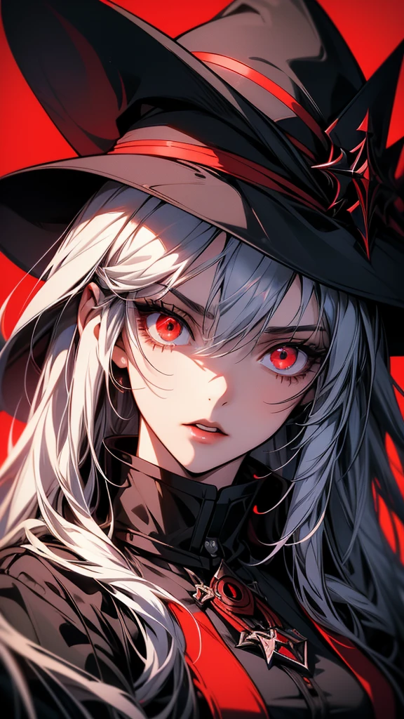 Close-up portrait of a person in uniform and hat, Lucky Winner, portrait Gap Moe Yandere Grimdark, Gap Moe Yandere Grimdark, 2b, 2b ..., from Arknights, Alucard, Arknights, vampire, Detailed Anime Character Art, 1 7 anime goth girl, With eyes that glow red, 2D Anime Style
