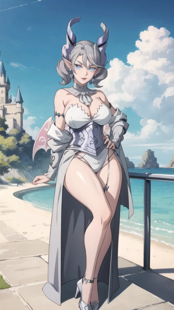  Outside castle top  High level image quality　best image quality　8K　 adult woman   silver castle outside  more colors   whole body view　portrait　 bikini   　horn    ears  　short hair（（shortcut）（gray hair）（perm）（fluffy））　eye color is blue ,  , 　attractive evil face , judging   ,  sexy pose   ,  labrynth ,  barearm    , wearing pink , large wings    , standing  , crossed legs, view heels   , view side