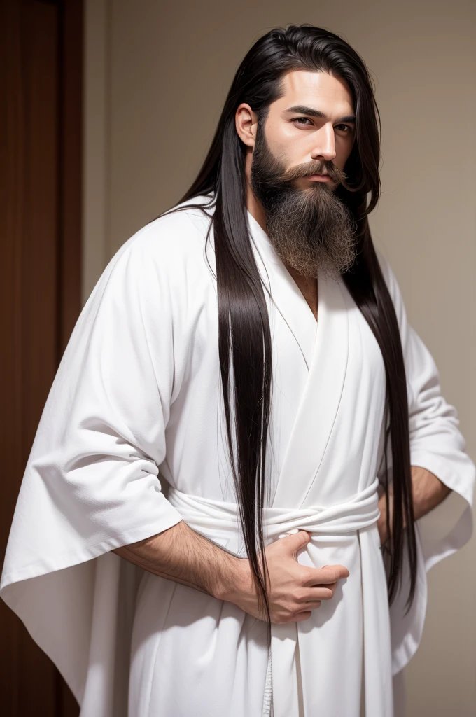 Create the image of a man with a well-groomed beard, Linda, with white robes, medium and straight hair