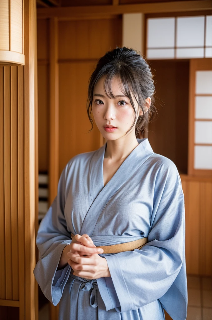 Highly detailed CG Unity 8k wallpaper, Highest quality, masterpiece, (Realistic, Realistic:1.4), Ultra-high resolution, (Beautiful Japanese mature woman in yukata, alone), Inside a room at a traditional Japanese hot spring inn, Cowboy Shot, Perfect feminine figure, Attractive mature woman, Stunningly beautiful face, Enchanting Goddess, Part your lips, (Shiny skin), Structure of the film, Professional warm lighting and shadows, ((Highly detailed eyes and face, Beautiful eyes in every detail, Highly detailed and beautifully realistic skin texture)), (Balance your body, Accurate hands, Accurate Eyes)More realistic　Realistic　Highly detailed face and skin texture　The detail in her face is truly extraordinary., The pores and contours of her skin are rendered with amazing accuracy..モノトーンの縦縞のBeautiful Japanese mature woman in yukata, alone), Inside a room at a traditional Japanese hot spring inn, Cowboy Shot, Perfect feminine figure, Attractive mature woman, 