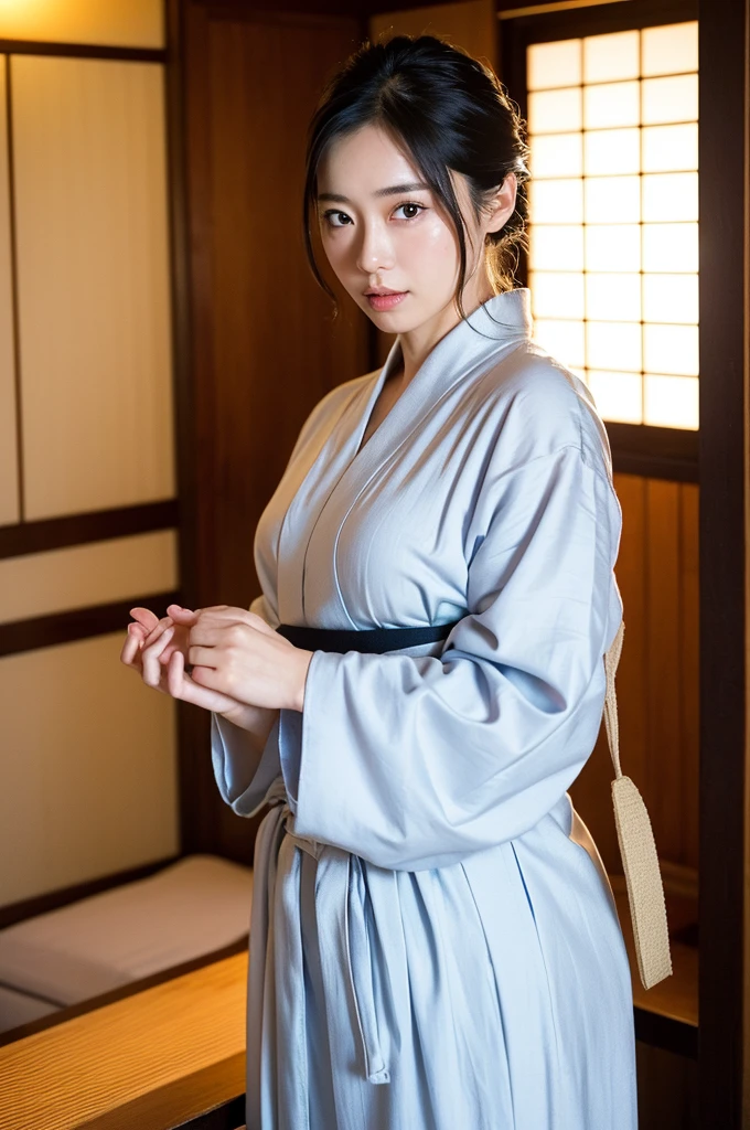 Highly detailed CG Unity 8k wallpaper, Highest quality, masterpiece, (Realistic, Realistic:1.4), Ultra-high resolution, (Beautiful Japanese mature woman in yukata, alone), Inside a room at a traditional Japanese hot spring inn, Cowboy Shot, Perfect feminine figure, Attractive mature woman, Stunningly beautiful face, Enchanting Goddess, Part your lips, (Shiny skin), Structure of the film, Professional warm lighting and shadows, ((Highly detailed eyes and face, Beautiful eyes in every detail, Highly detailed and beautifully realistic skin texture)), (Balance your body, Accurate hands, Accurate Eyes)More realistic Realistic Highly detailed face and skin texture The detail in her face is truly extraordinary., The pores and contours of her skin are rendered with amazing accuracy..モノトーンの縦縞のBeautiful Japanese mature woman in yukata, alone), Inside a room at a traditional Japanese hot spring inn, Cowboy Shot, Perfect feminine figure, Attractive mature woman,