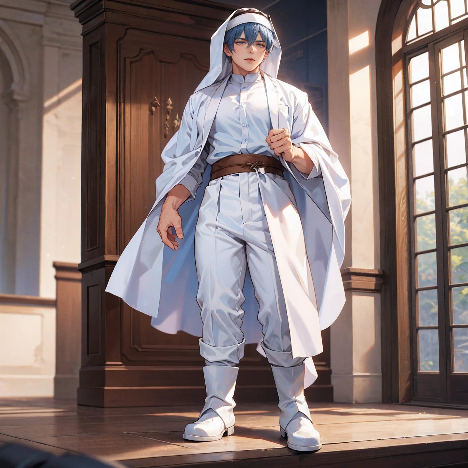 Elegant men, Strong physique, White Robe, White Arabic pants, Light blue noble shirt, White boots, #100: Messy Light Blue Hair, Satisfied expression, short hair, Deep blue eyes, Noble appearance, Holding a silver spear, Ancient Castle, Medieval background.