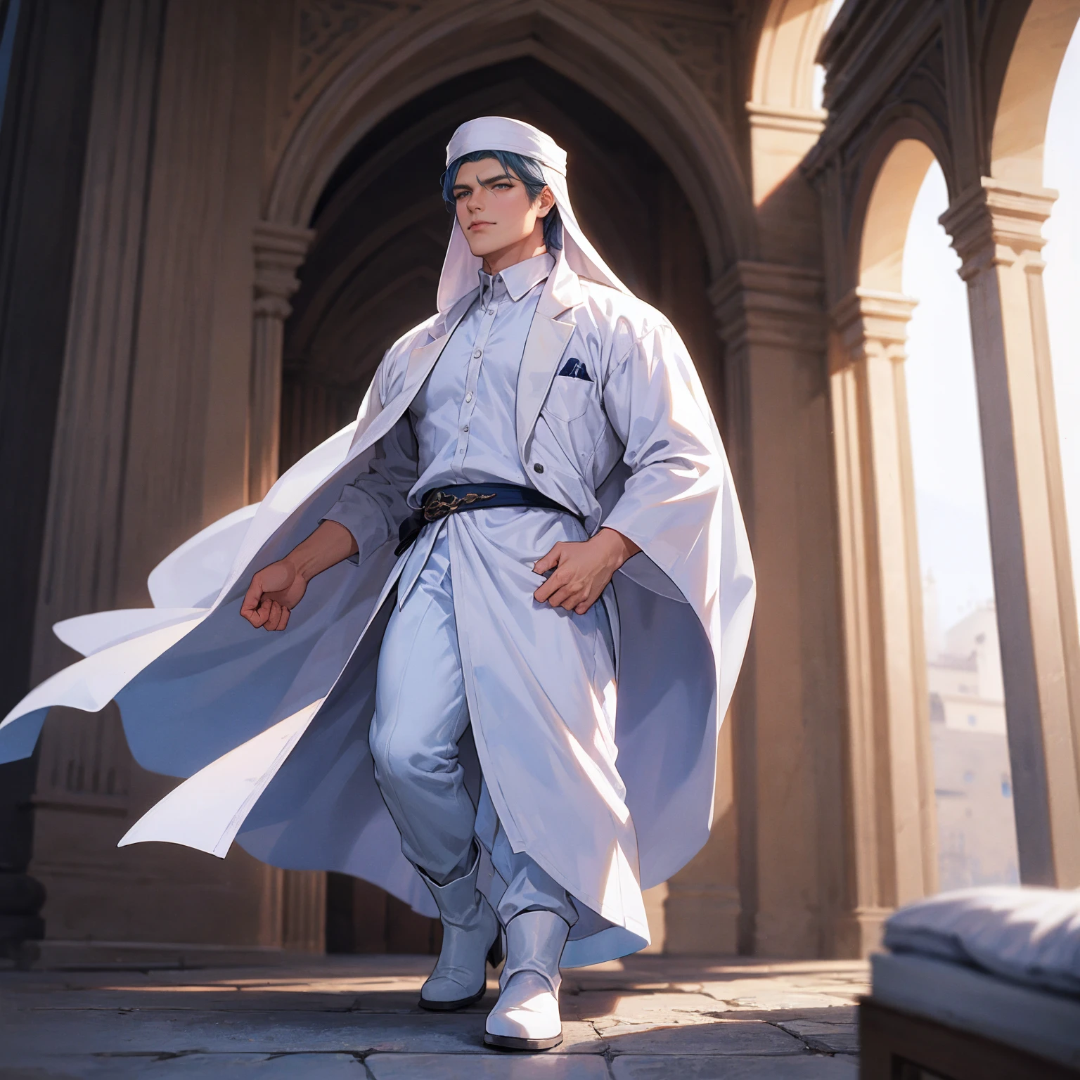 Elegant men, Strong physique, White Robe, White Arabic pants, Light blue noble shirt, White boots, #100: Messy Light Blue Hair, Satisfied expression, short hair, Deep blue eyes, Noble appearance, Holding a silver spear, Ancient Castle, Medieval background.