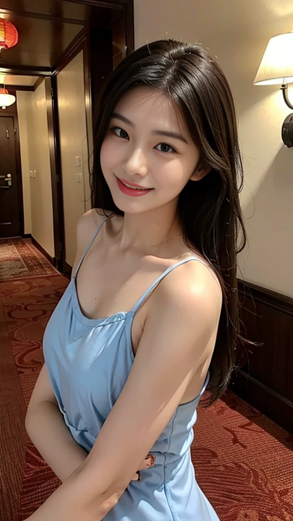 Beutiful women,Chinese appearance,At the hotel,Wear a camisole,Smile and laugh